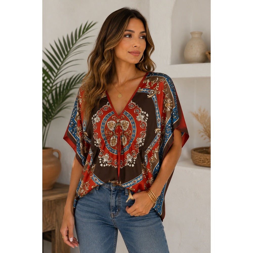 Grass Collection Vintage Scarf Print Kaftan Top V-Neck Boho Satin Blouse Red S